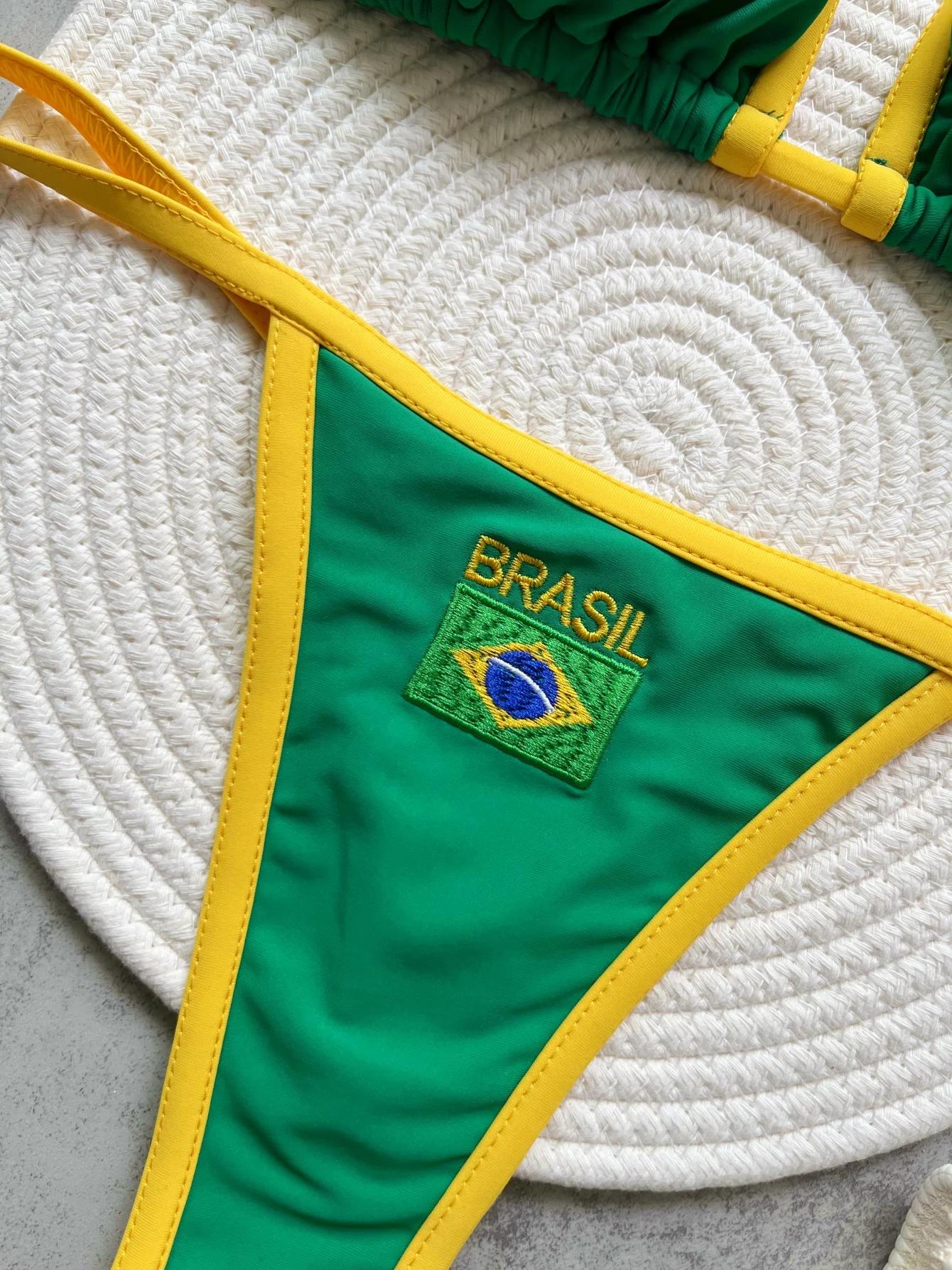 RUOTONSEPT Sexy broderie drapeau du brésil contraste fendu Bikini ensemble femmes maillots de bain Patchwork maillot