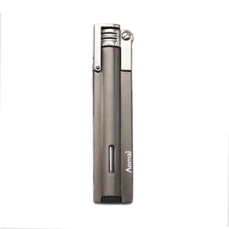 Briquet métallique à gaz rechargeable, couvercle ouvert personnalisé, longue meule, feu fixe, poinçon droit, différents styles
