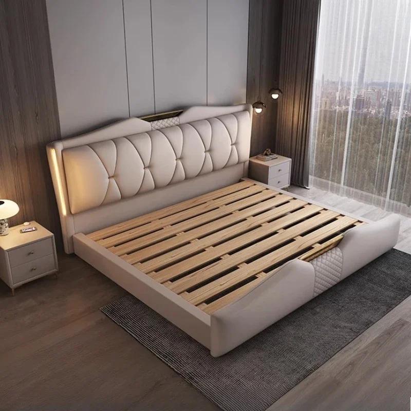 Lit double de luxe 200x220cm avec tête de lit, cadre Queen Size, 3 tiroirs de rangement, pour chambre principale, mobilier de maison