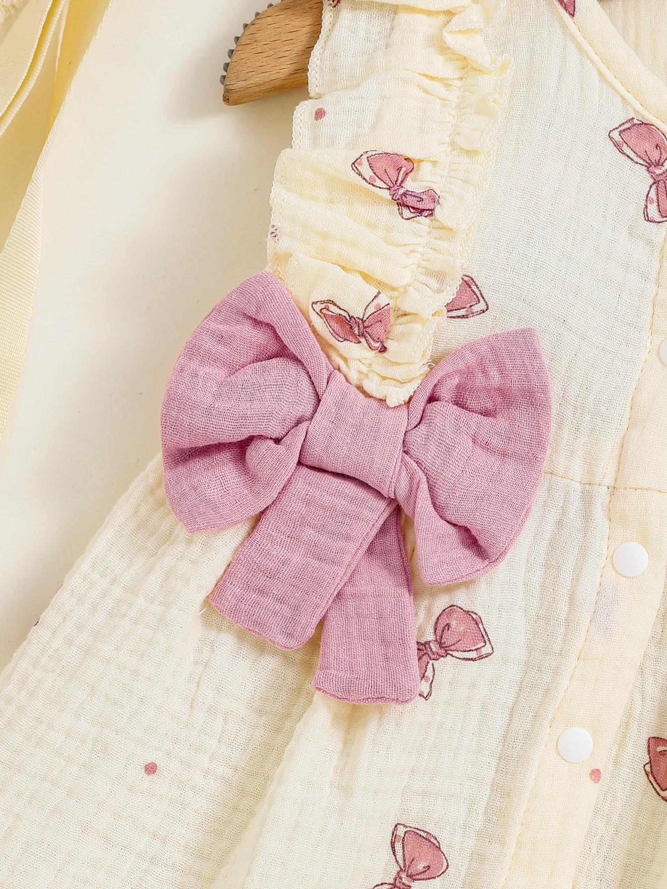 Robe bébé fille 0-9 mois 2 pièces avec chapeau - Imprimé nœud col rond volants nouveau-né