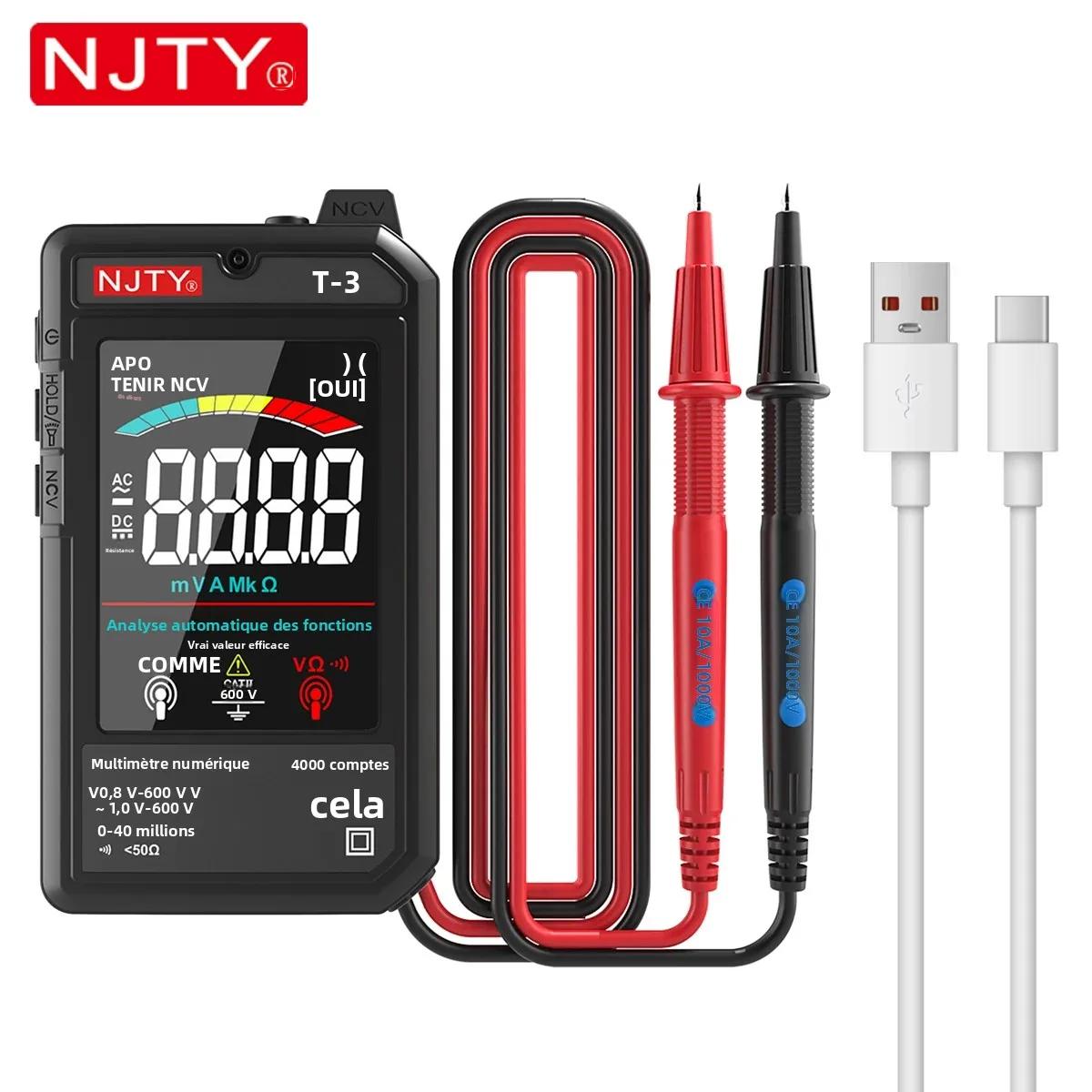 NJTY T3 multimètre numérique intelligent type-c charge automatique 4000 points Ultra-mince NCV fil sous tension affichag