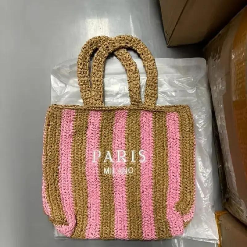 Design de luxe femmes tressé raphia paille Crochet sacs grande capacité fourre-tout décontracté sac à main évider rayé p