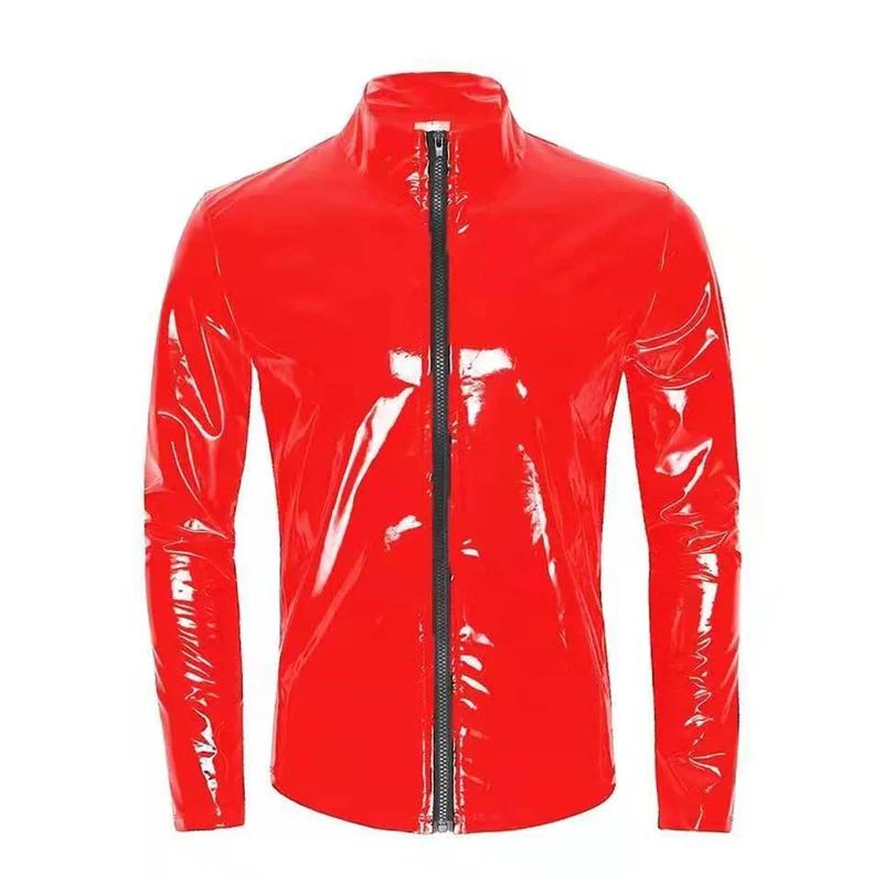 Nouveaux hommes Cardigan à fermeture éclair col montant chemise PVC brillant en cuir verni Sexy serré extensible Latex v