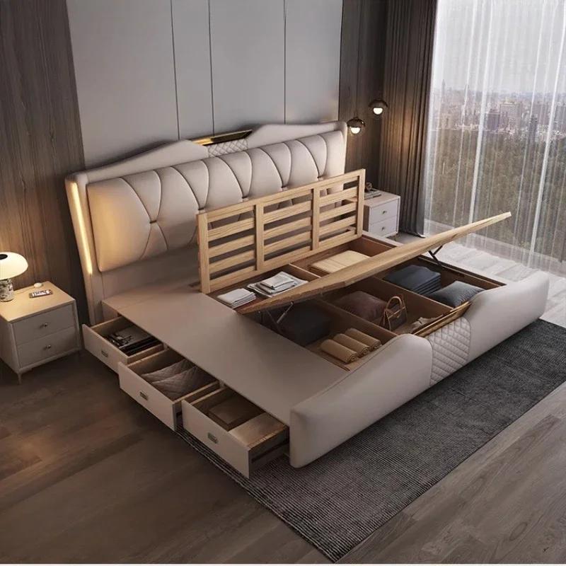 Lit double de luxe 200x220cm avec tête de lit, cadre Queen Size, 3 tiroirs de rangement, pour chambre principale, mobilier de maison