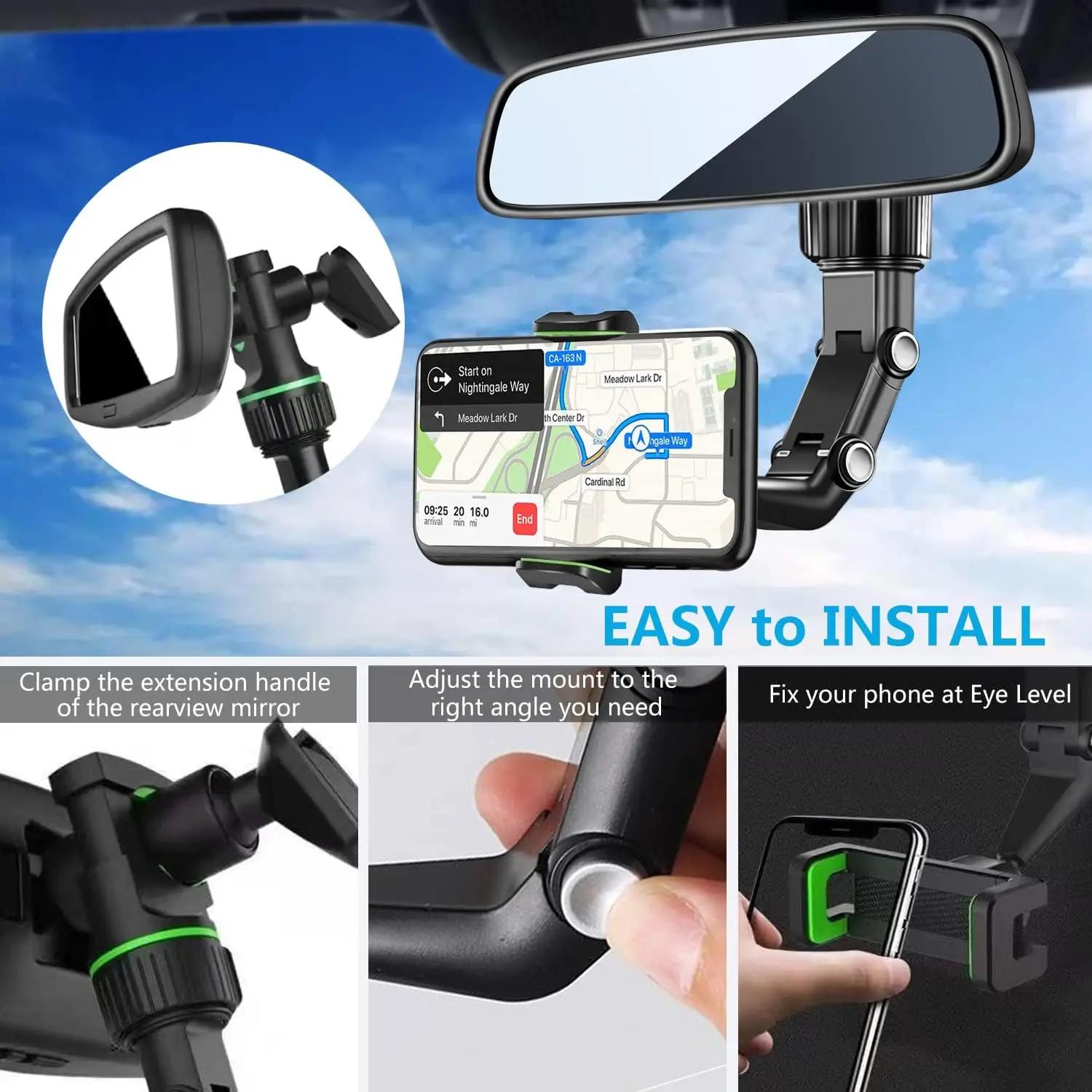 Support de téléphone pour rétroviseur de voiture, rotatif à 360 ° et rétractable, support de téléphone multifonctionnel pour toutes les voitures