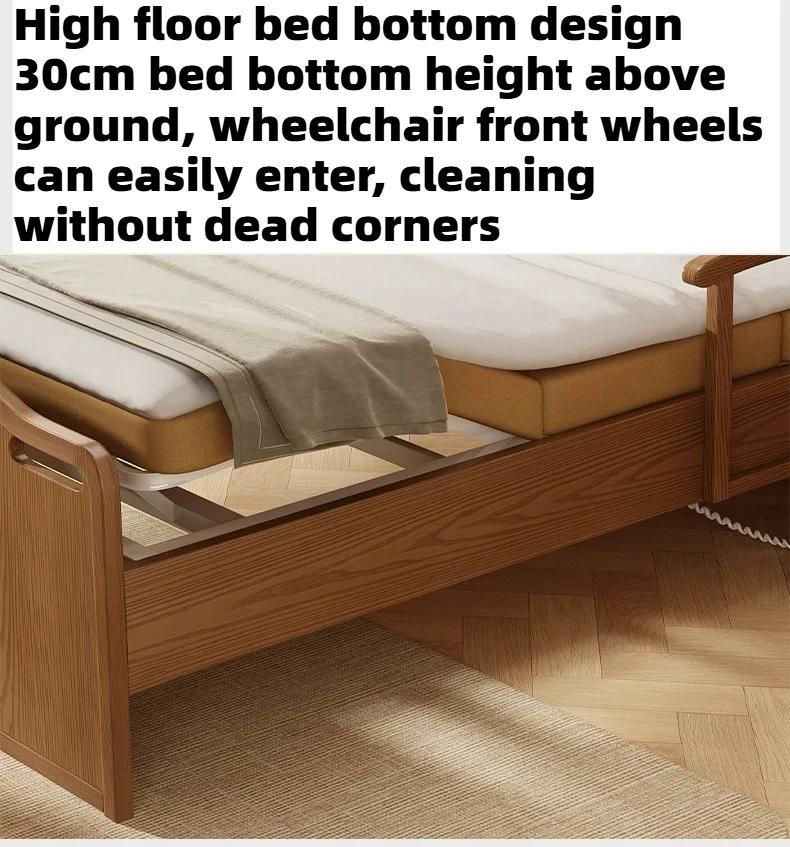 Lit d'assistance électrique en bois pour personnes âgées, lit de soins à domicile multifonctionnel réglable avec matelas et barrière de sécurité, mobilier de chambre