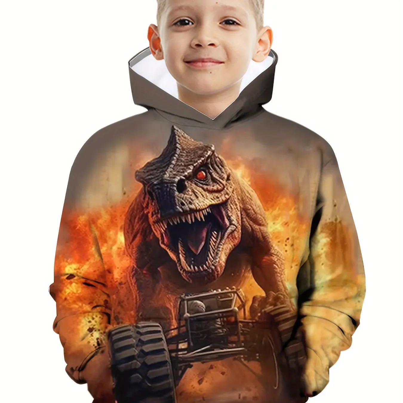 Sweat capuche manches longues enfant imprimé dinosaures dessin animé extérieur garçon printemps automne