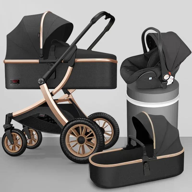Poussette Haute Pliable 3 en 1 avec Siège Auto pour Bébé