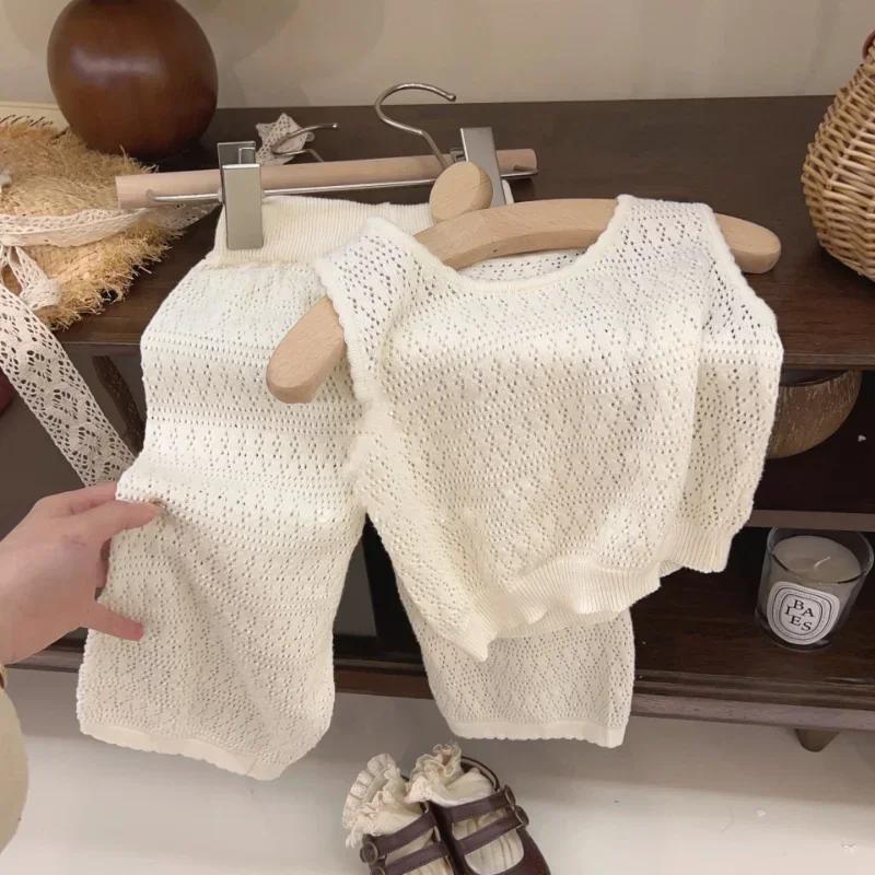 Ensemble été fille 2024 en tricot coréen fin - Gilet ajouré respirant et pantalon large élégant