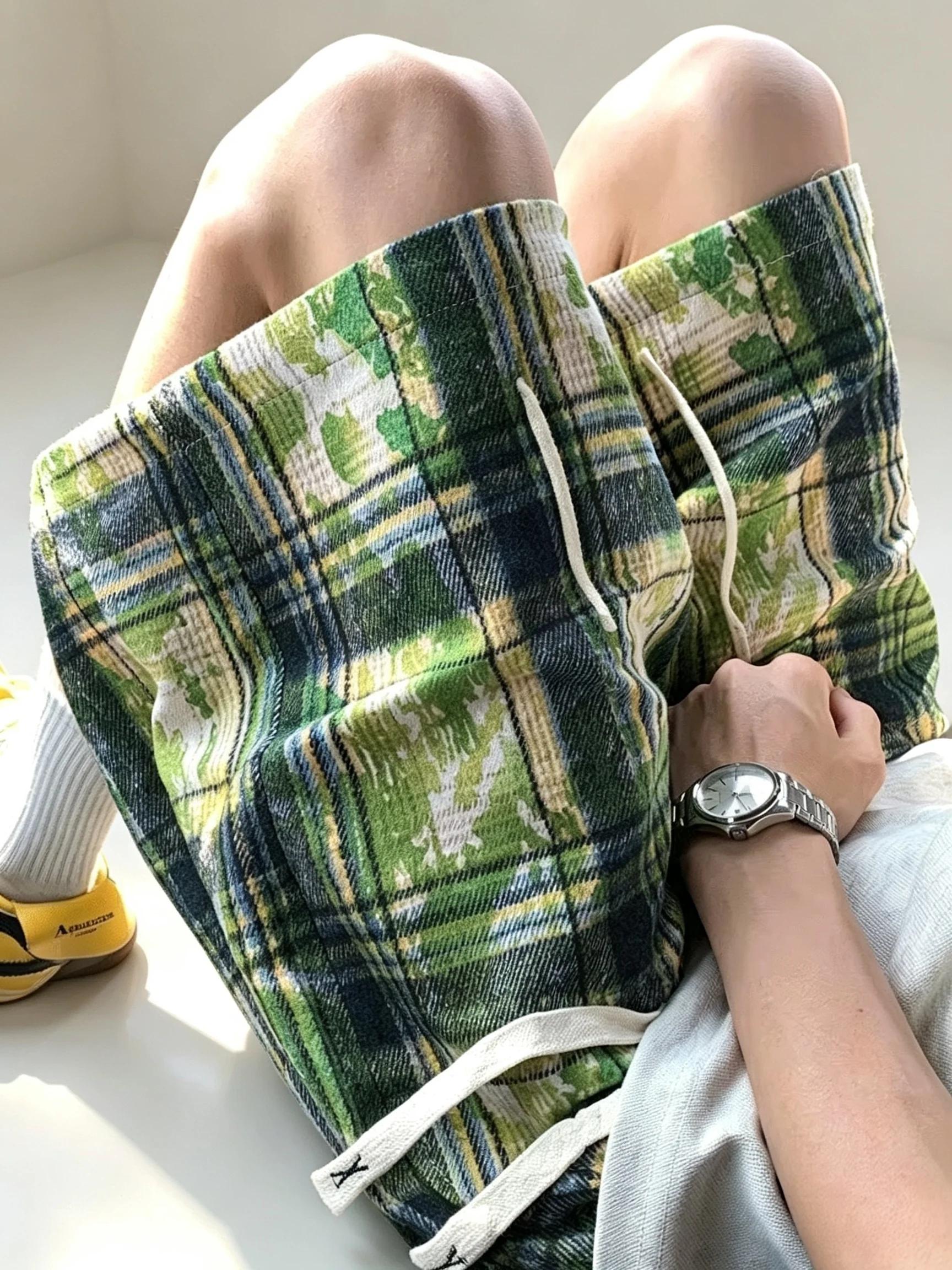 Short à carreaux vert Tie-dye pour hommes