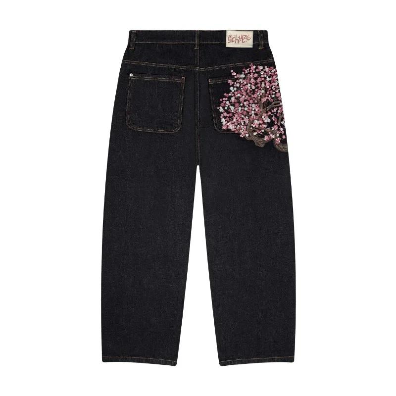 Y2K Harajuku jean Goth vintage fleur de prunier motif brodé pantalon à jambes larges hommes femmes denim tissu style amé
