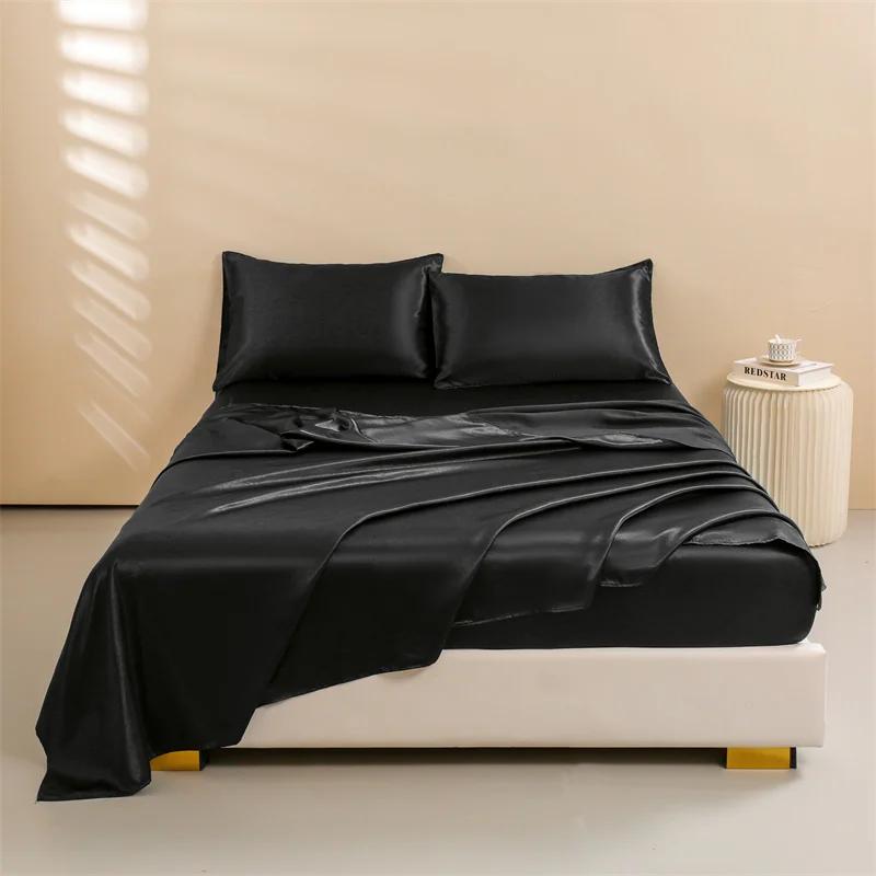 Draps de lit en satin, ensemble de draps queen size, ensemble de literie soyeux 4 pièces, 1 drap-housse à poche profonde + 1 drap plat + 2 taies d'oreiller
