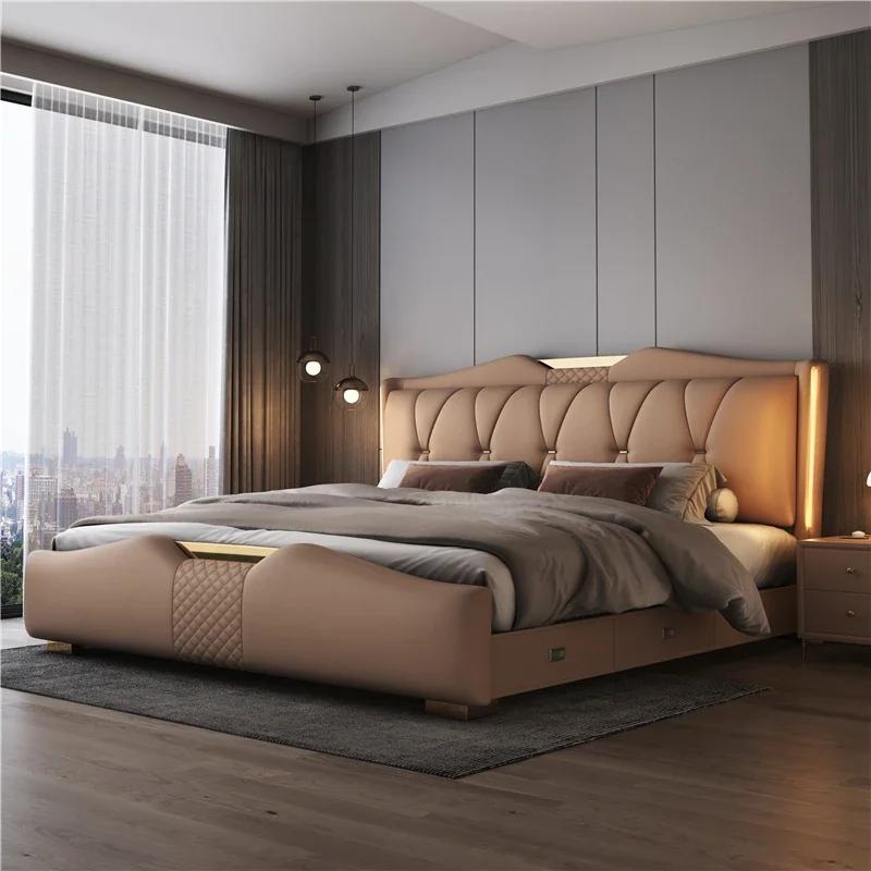 Lit double de luxe 200x220cm avec tête de lit, cadre Queen Size, 3 tiroirs de rangement, pour chambre principale, mobilier de maison