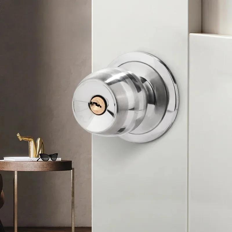 Poignées de porte rondes intérieures, poignées à clé, ensembles de serrures en acier inoxydable pour salle de bain, chambre