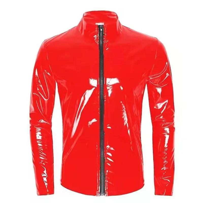 Nouveaux hommes Cardigan à fermeture éclair col montant chemise PVC brillant en cuir verni Sexy serré extensible Latex v