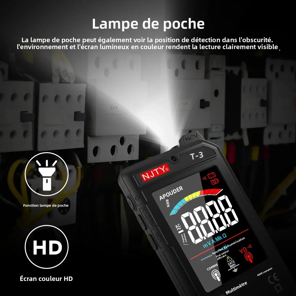 NJTY T3 multimètre numérique intelligent type-c charge automatique 4000 points Ultra-mince NCV fil sous tension affichag