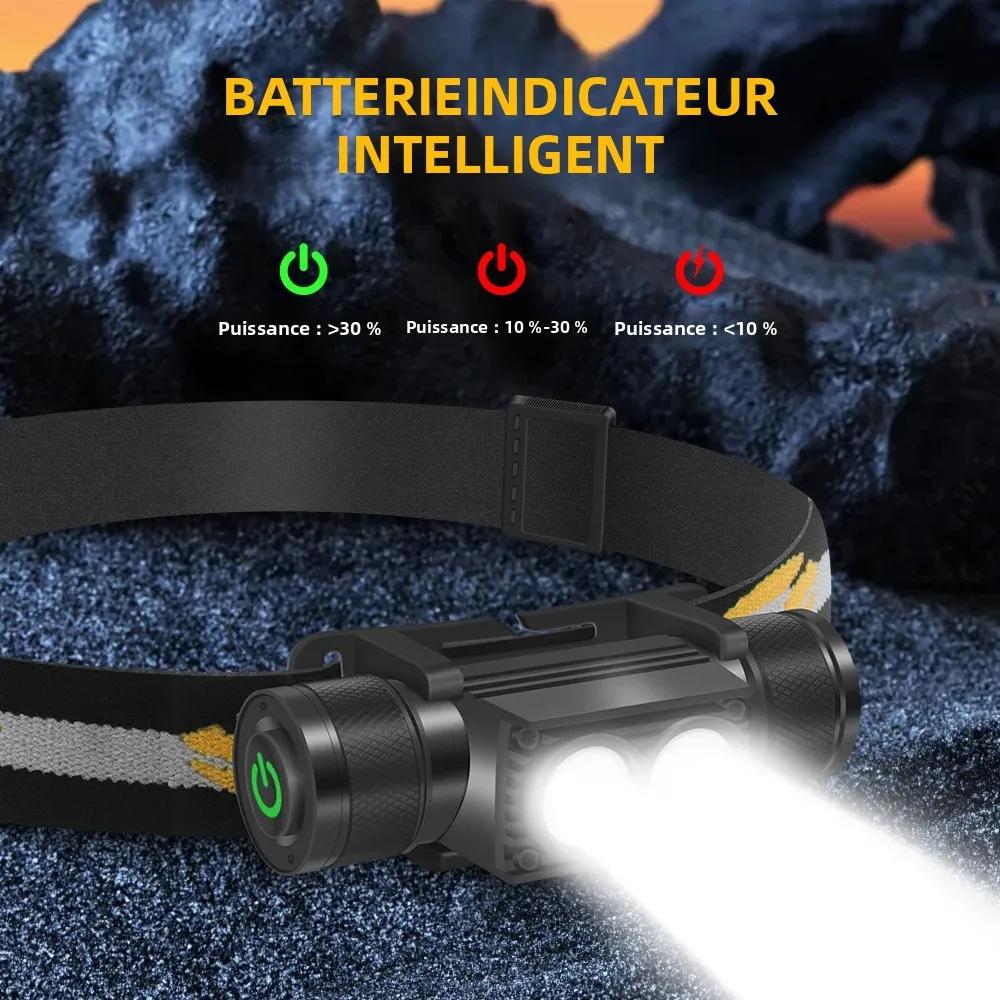 BORUiT D25 double lampe frontale LED 2000LM phare puissant type-c Rechargeable 18650 torche