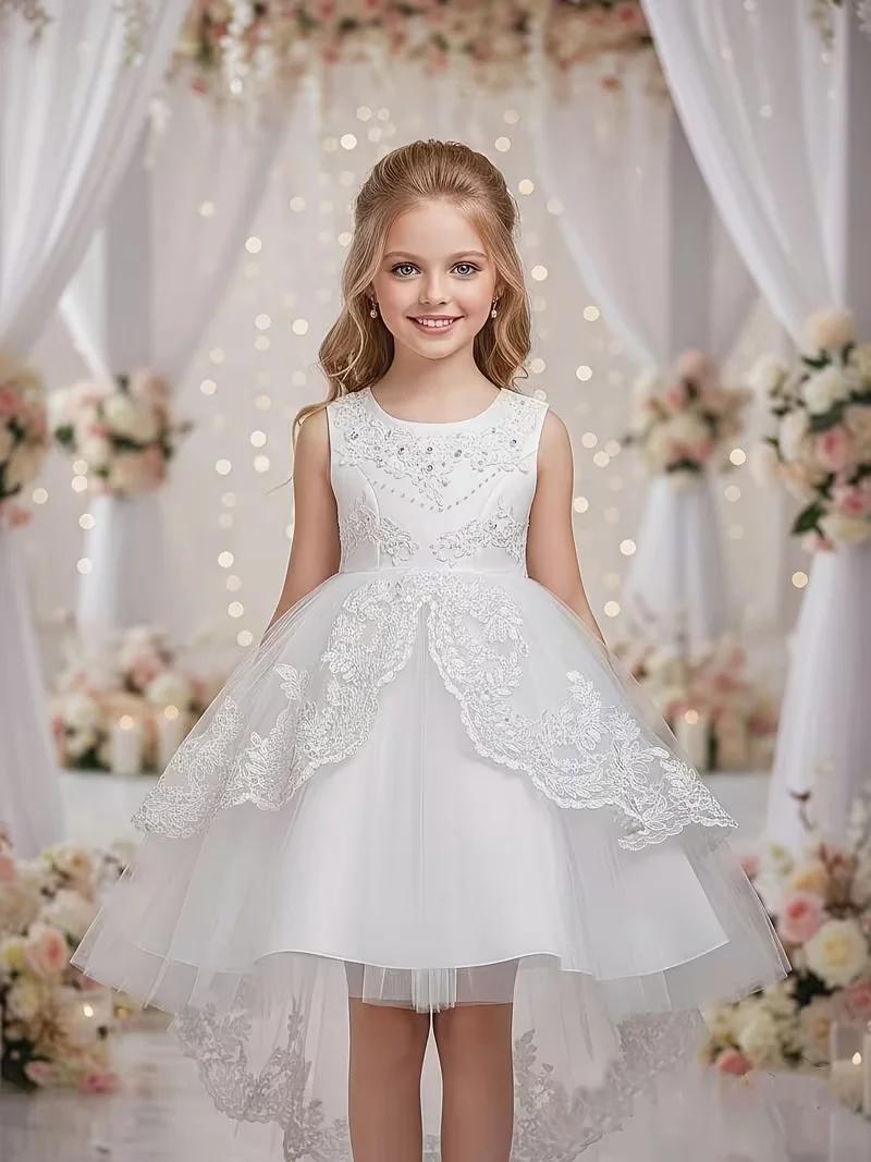 Robe cérémonie fille dentelle perles 2026 - Tenue princesse brodée toutes saisons enfants
