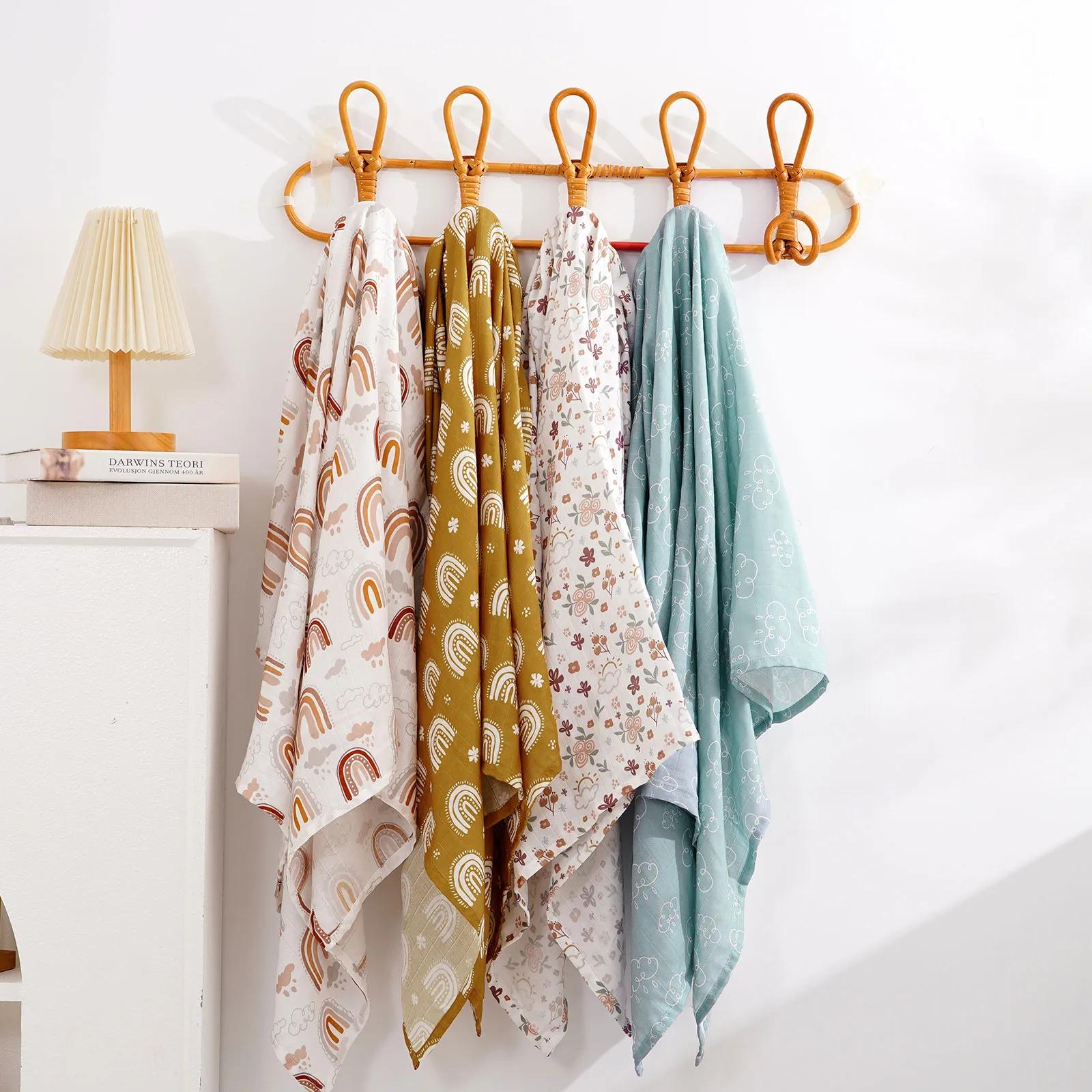 Couverture d'emmaillotage bébé en mousseline bambou - Serviette de bain douce nouveau-né - Sac de couchage 4 pièces