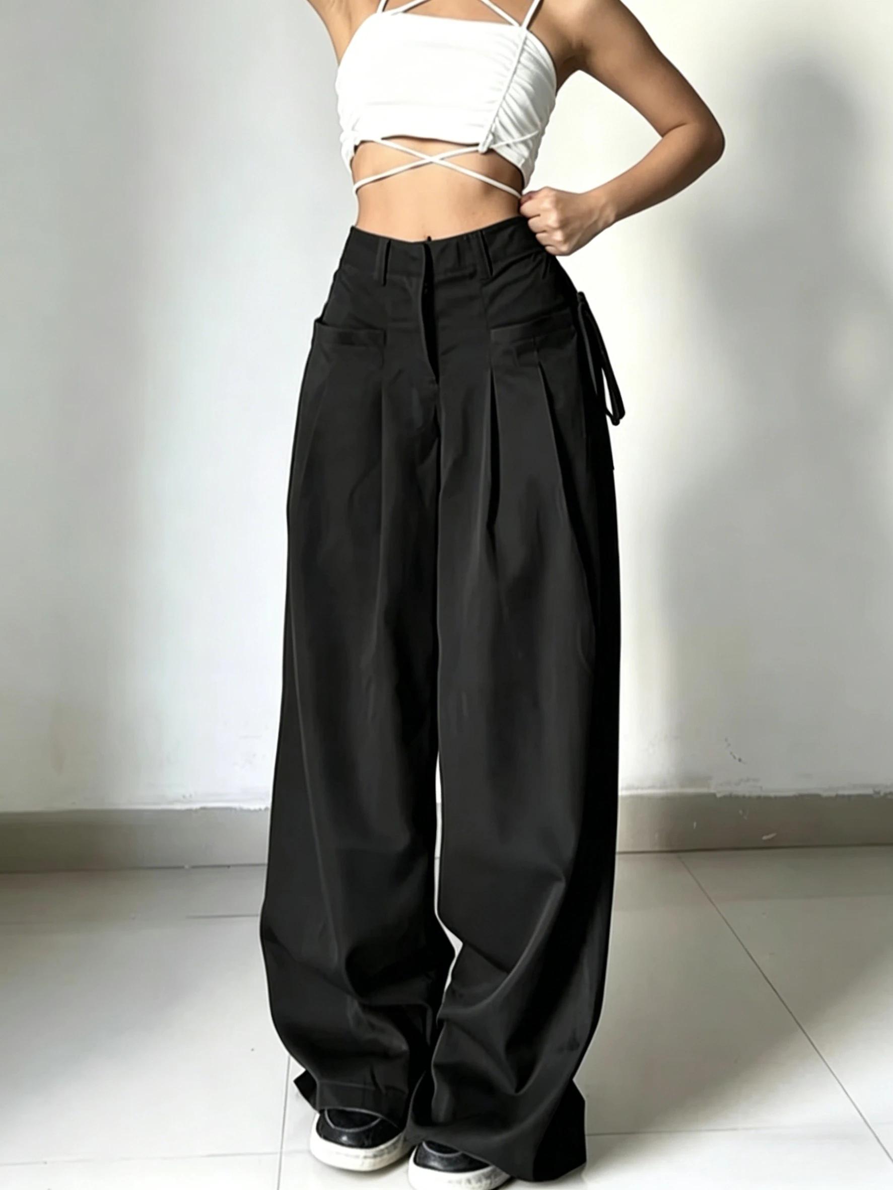 Pantalon de costume noir taille haute pour femme