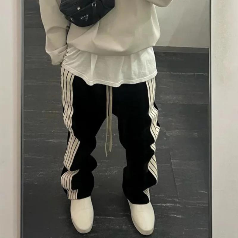 HKSH printemps automne nouveau homme marée Style américain rayé Patchwork droit décontracté pantalon à jambes larges cor