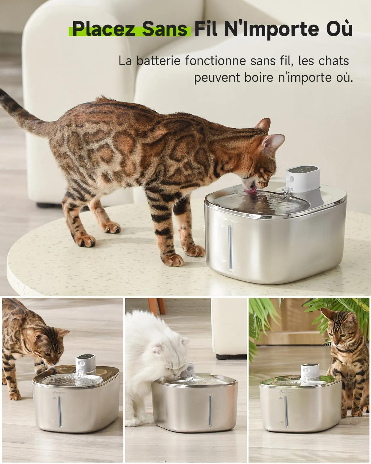 4L Fontaine a Eau Chat sans Fil en Acier Inoxydable