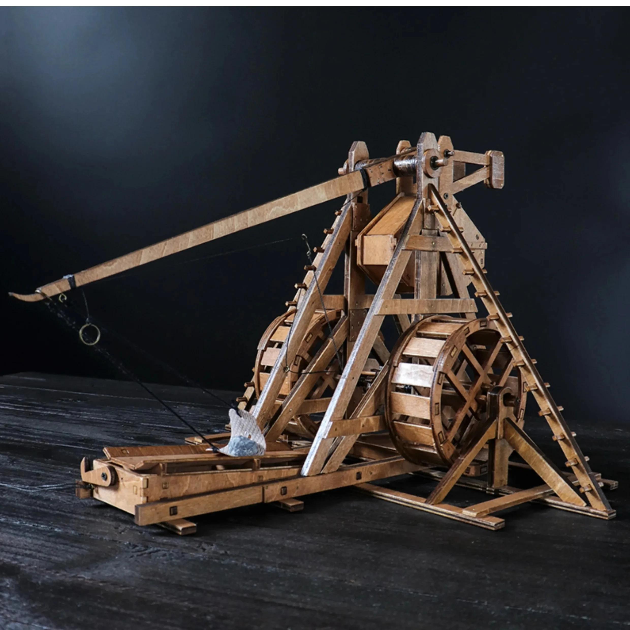 Catapulte Trebuchet à contrepoids rotatif 1:48, bricolage, modèle de Chariot ancien, siège manuel en anglais, voiture, Puzzle 3D en bois, besoin d'assemblage