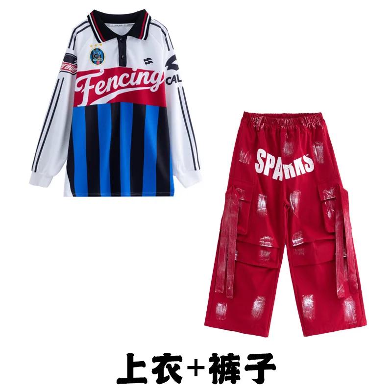 Ensemble hip-hop K-pop pour fille - T-shirt rayures patchwork et pantalon cargo danse streetwear