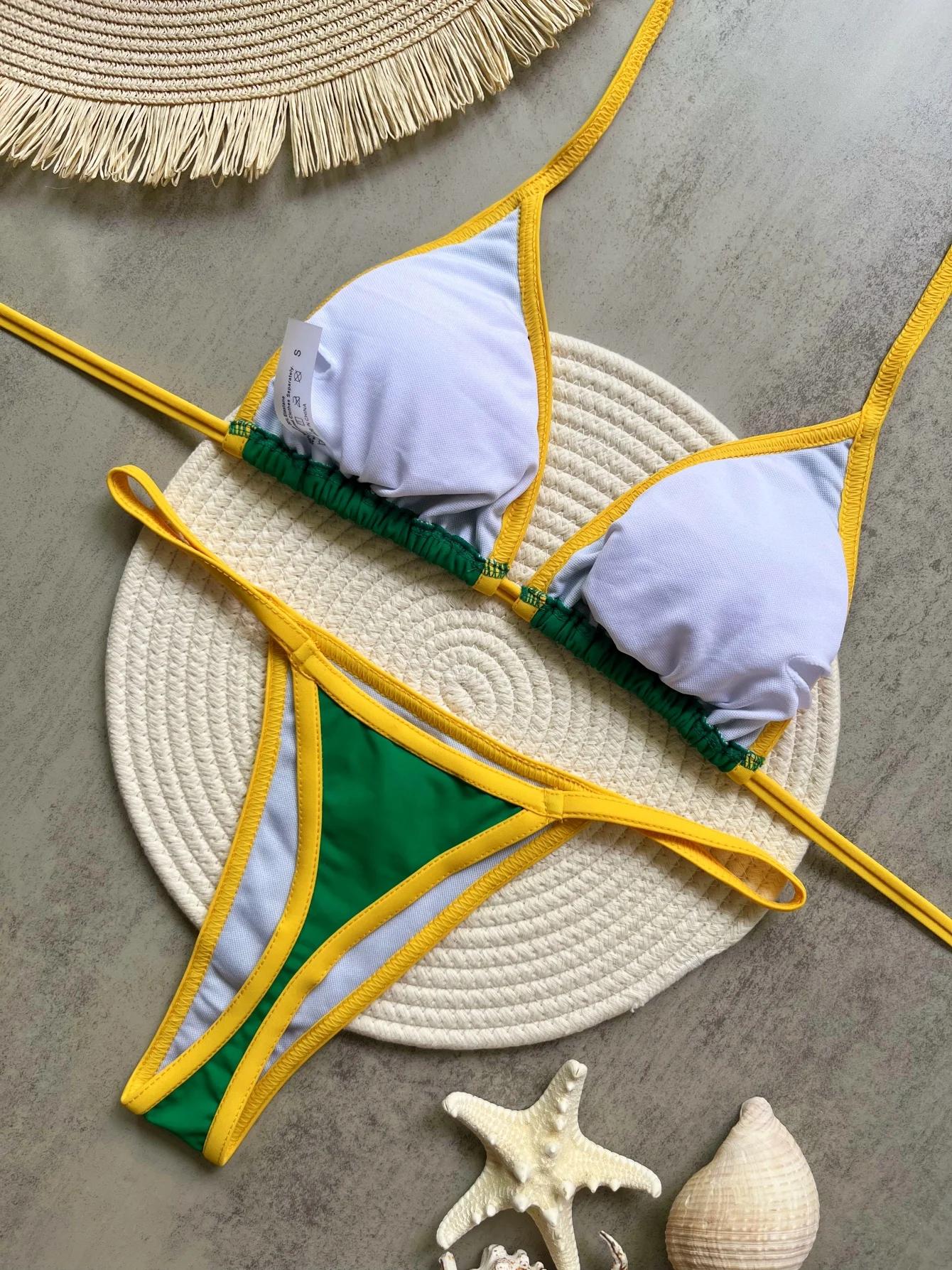 RUOTONSEPT Sexy broderie drapeau du brésil contraste fendu Bikini ensemble femmes maillots de bain Patchwork maillot