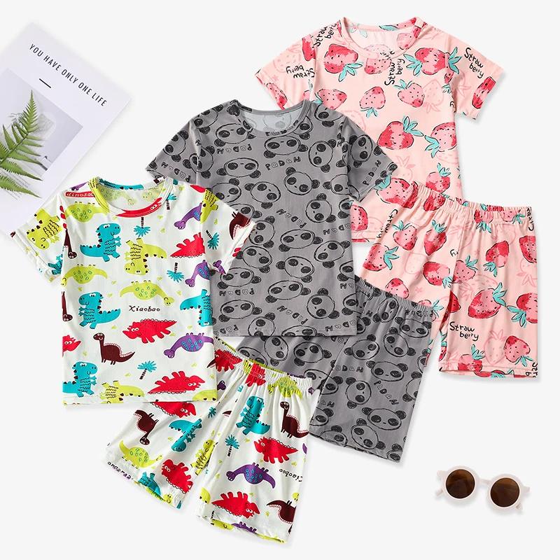Costume été 2 pièces enfant imprimé dinosaure Joker confortable fille manches courtes rose