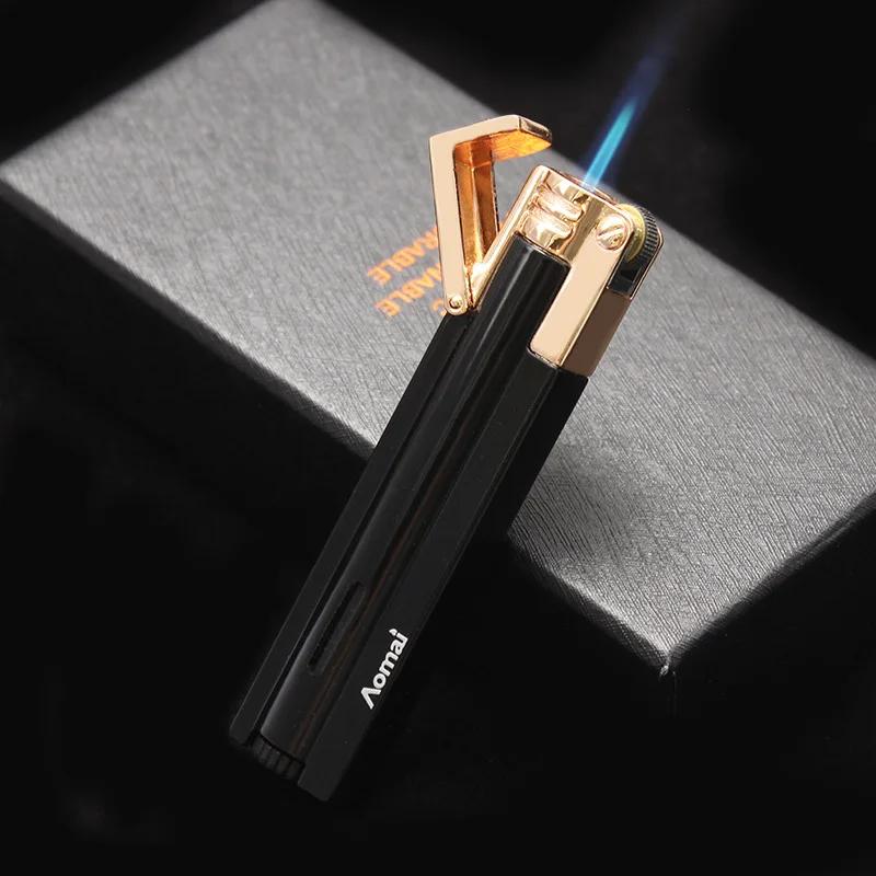 Briquet métallique à gaz rechargeable, couvercle ouvert personnalisé, longue meule, feu fixe, poinçon droit, différents styles