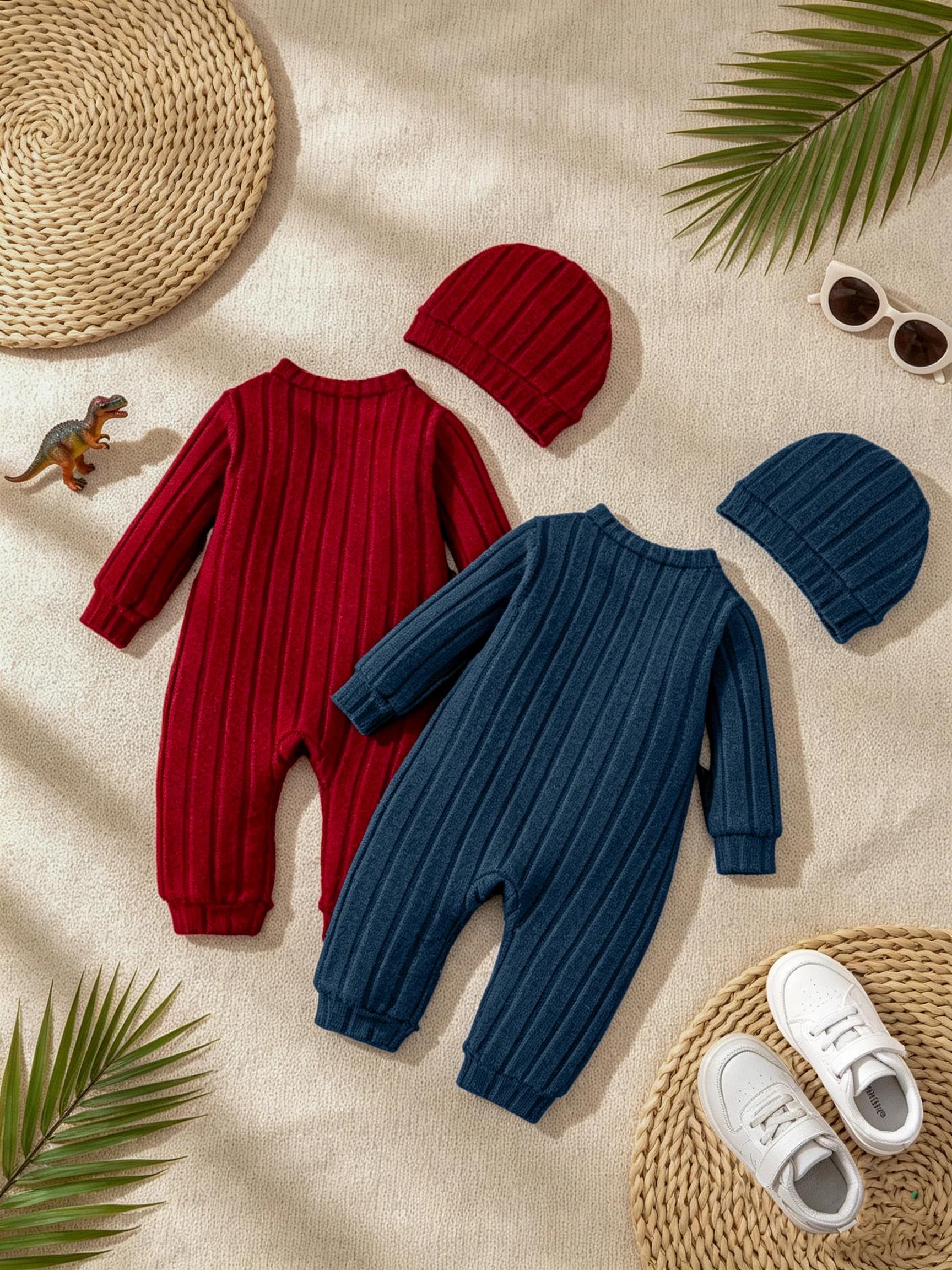 【Bébé garçon】 Combinaison rouge d'automne et d'hiver avec boutons à simple boutonnage sur le devant et insigne d'ours mi