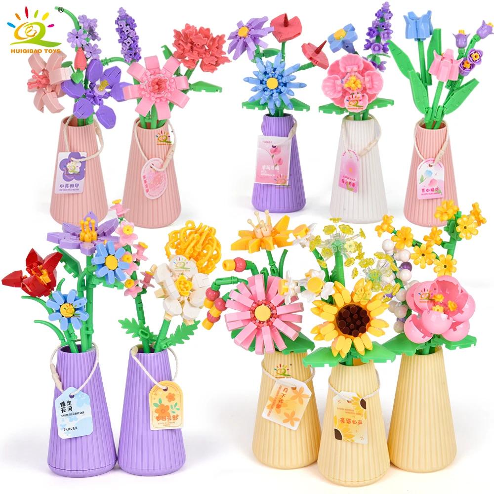 HUIQIBAO MOC Bouquet de fleurs éternelles avec pot Micro bloc de construction tournesol Rose Mini modèle brique jouet ma