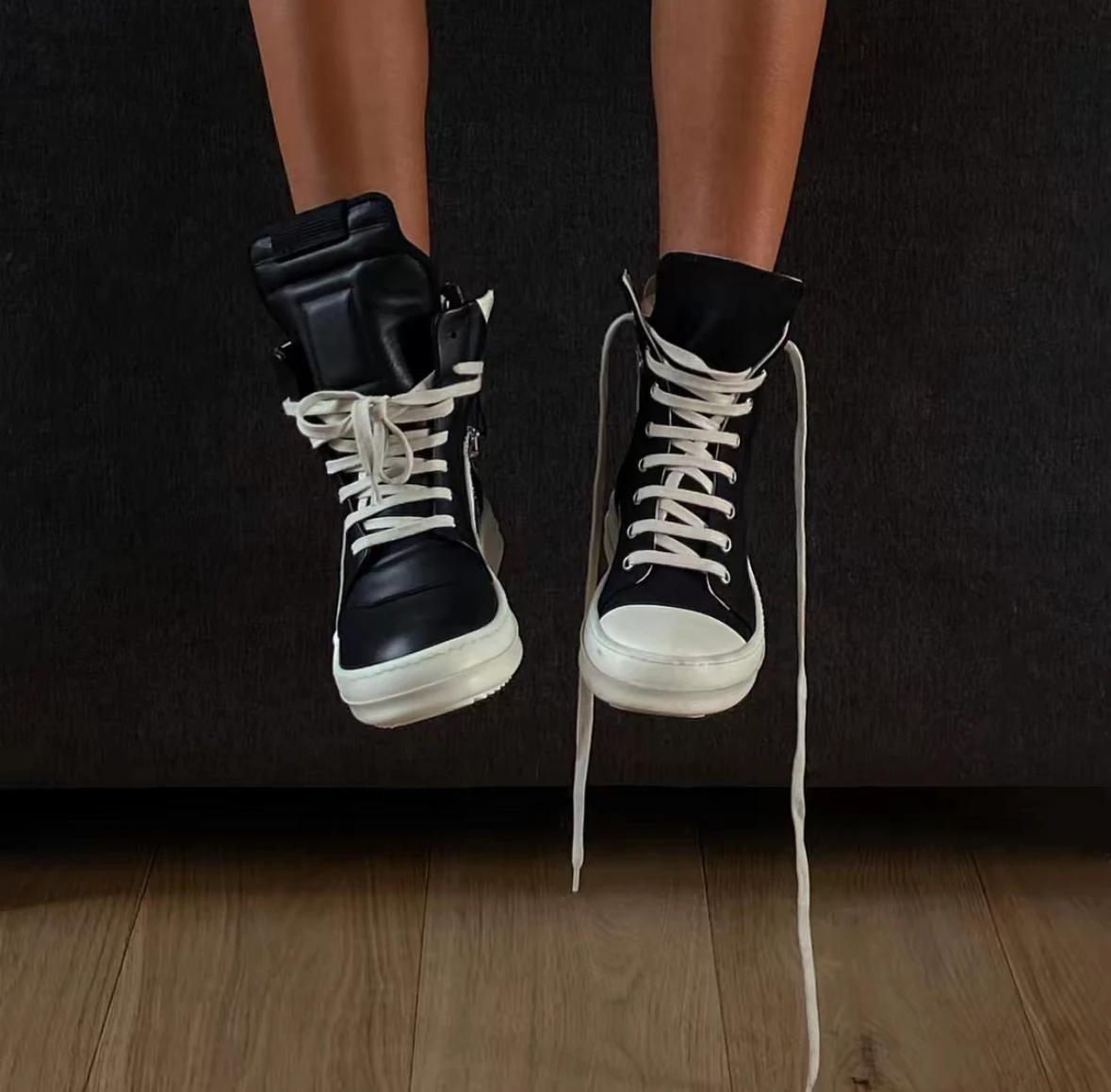 R-o qualité hommes chaussure en cuir noir bottine extérieur bottes haut chaussures décontractées fermeture éclair femmes