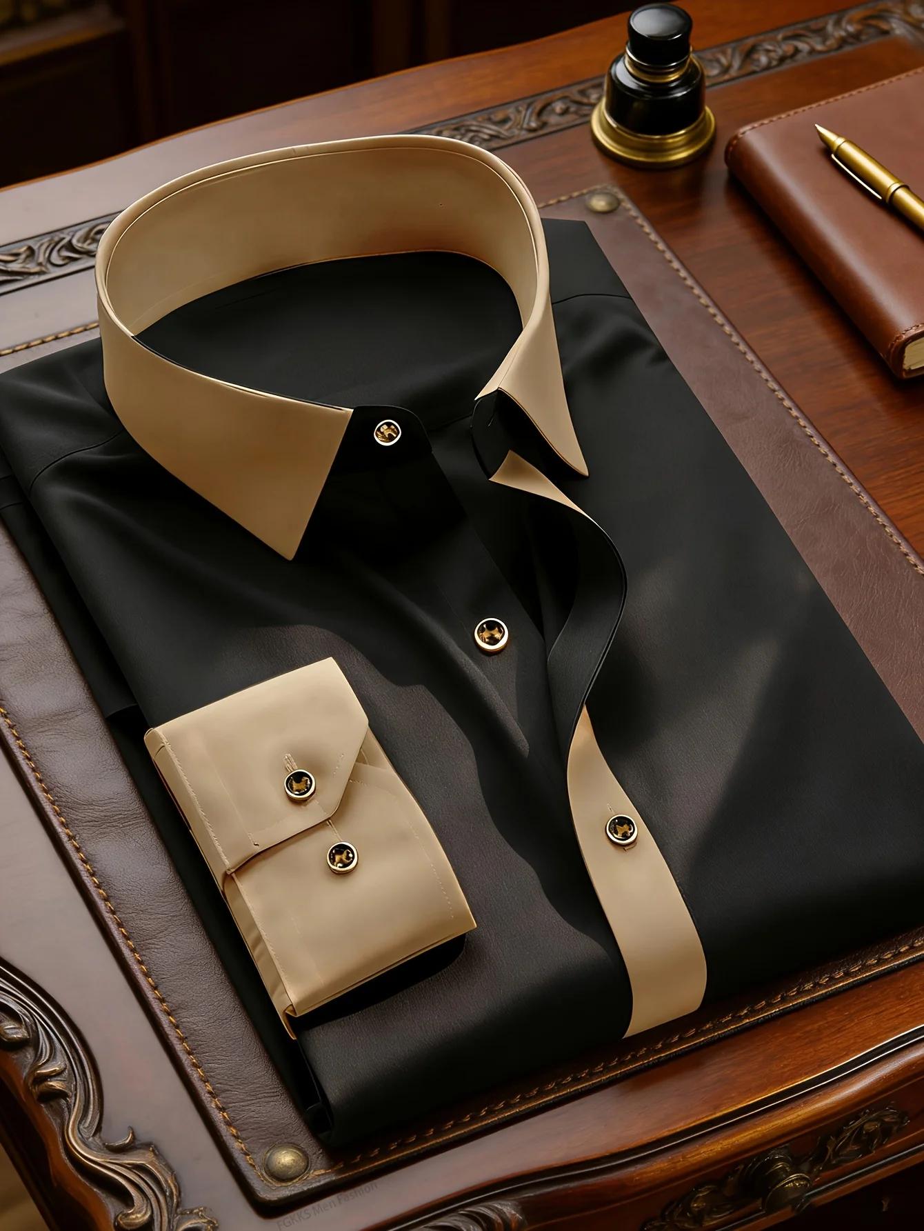 FGKKS hommes chemise noire flambant neuf haute rue Patchwork à manches longues intelligent décontracté élastique homme c