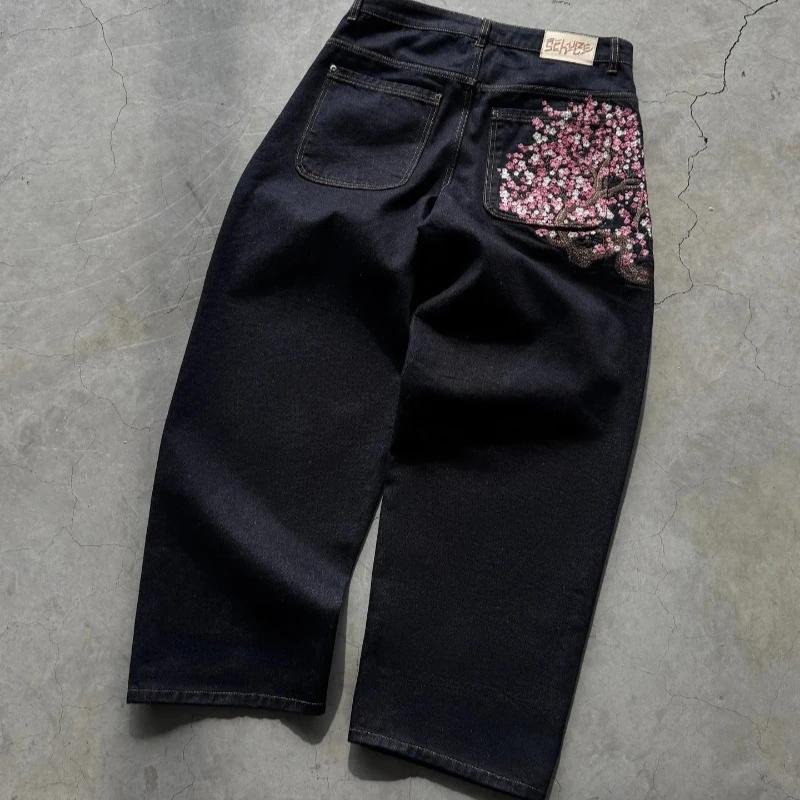 Y2K Baggy jeans fleur de cerisier lisière broderie Denim pantalon hommes femmes