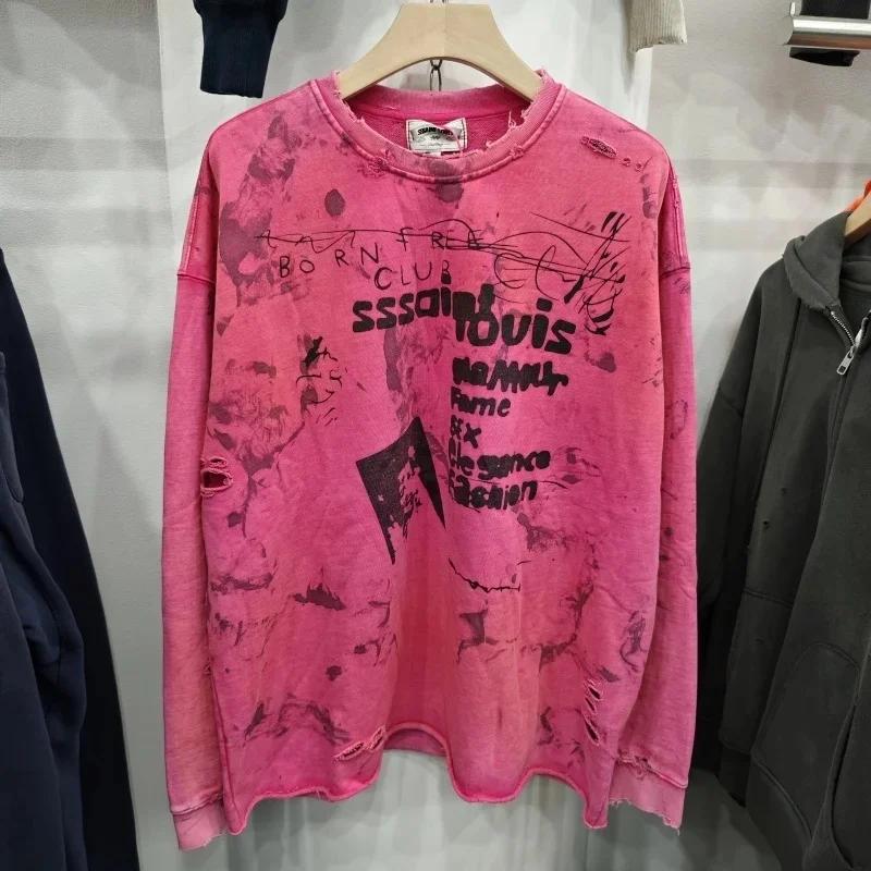 Saint col rond sweat Vintage imprimé trous en détresse lavé délavé unisexe surdimensionné vêtements de sport décontracté