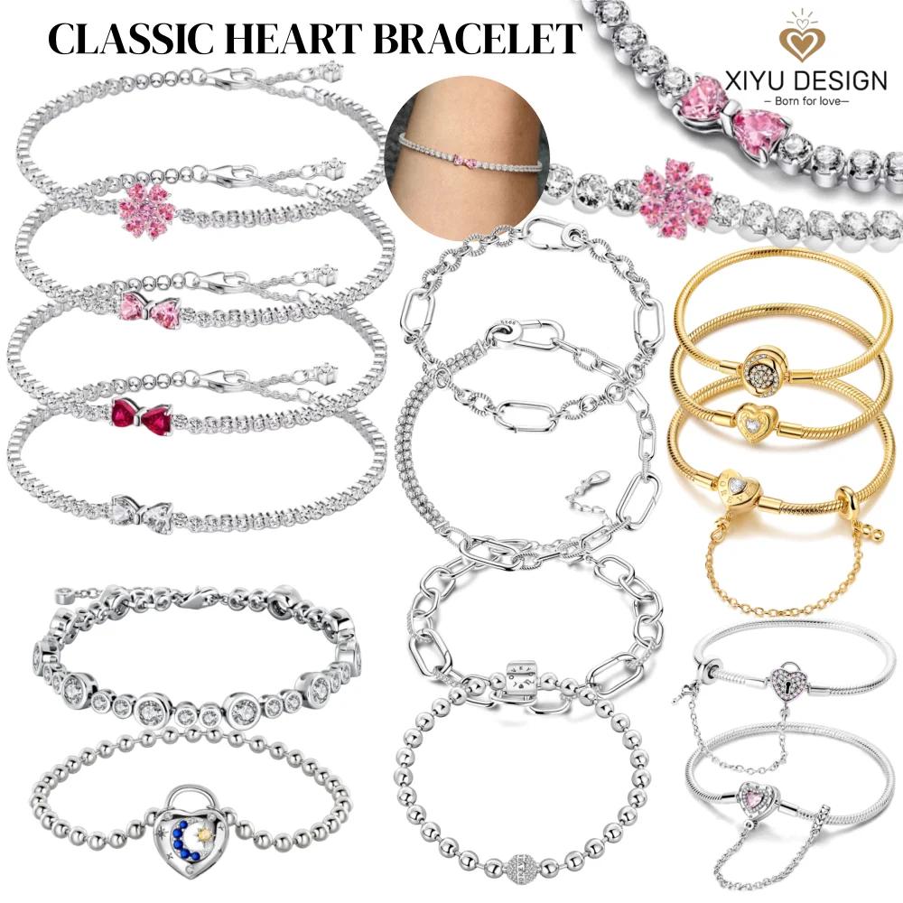 2025 Valentine nouveau 925 argent rose arc plein diamant Bracelet Original 17-20CM ajustement bricolage charme femmes an