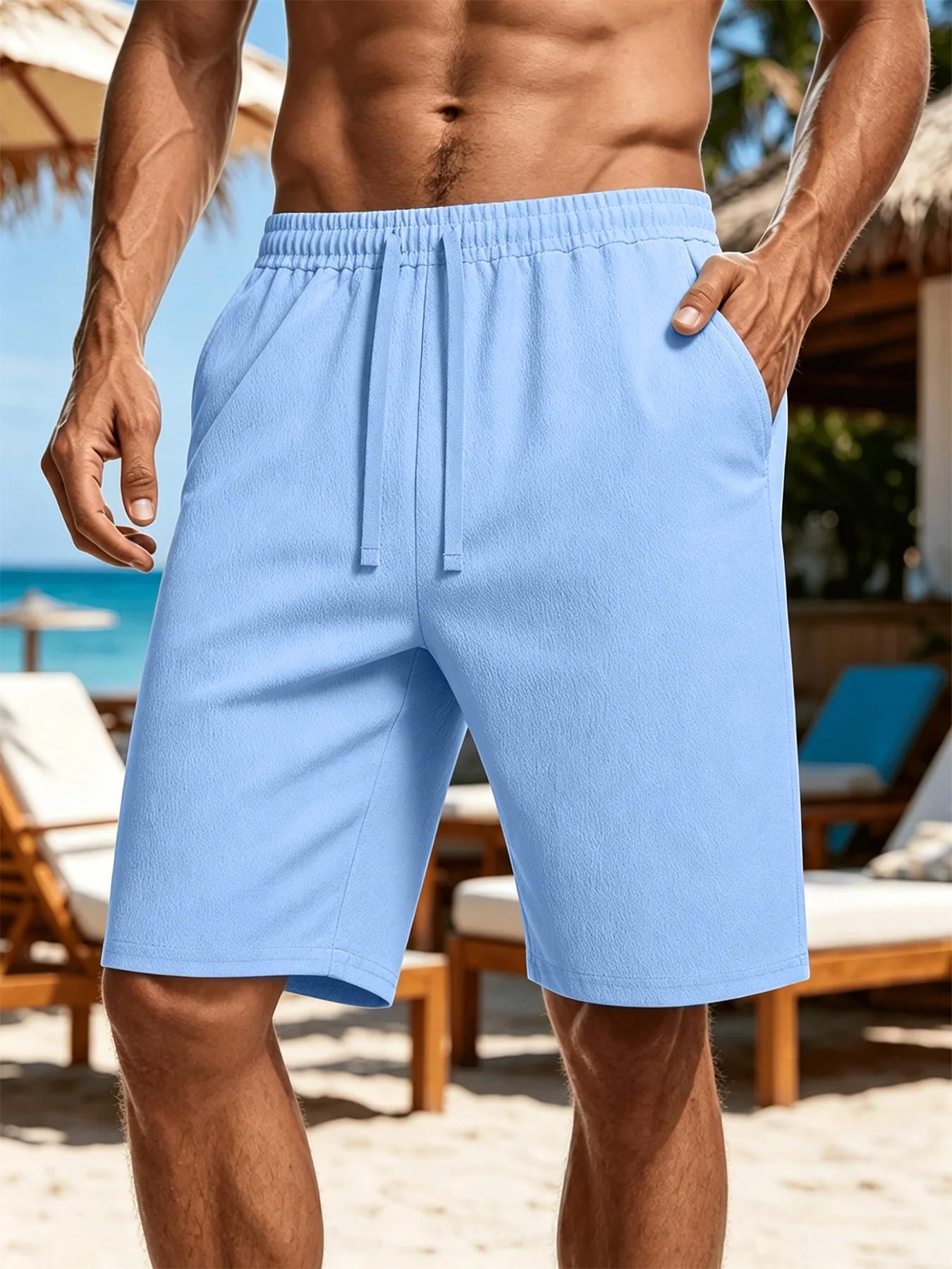 Nouveaux hommes coton lin Shorts pantalon mâle été respirant couleur unie lin