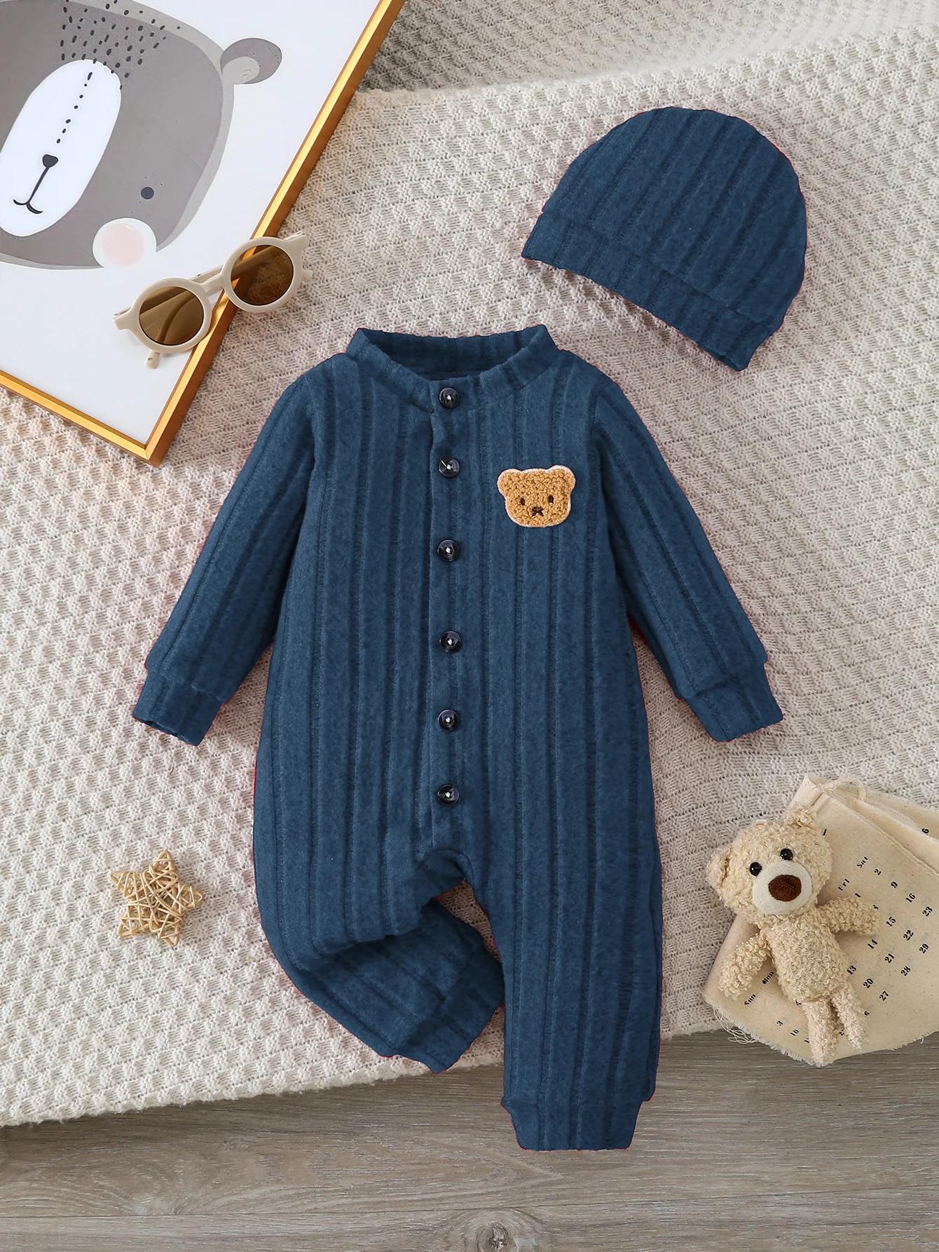 【Bébé garçon】 Combinaison rouge d'automne et d'hiver avec boutons à simple boutonnage sur le devant et insigne d'ours mi