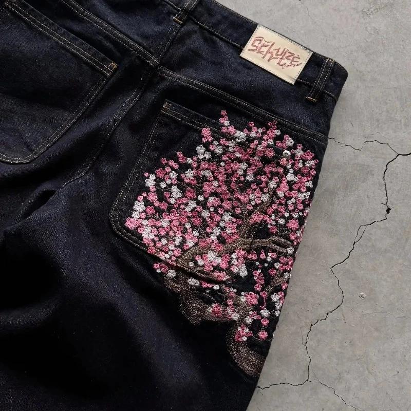 Y2K Baggy jeans fleur de cerisier lisière broderie Denim pantalon hommes femmes