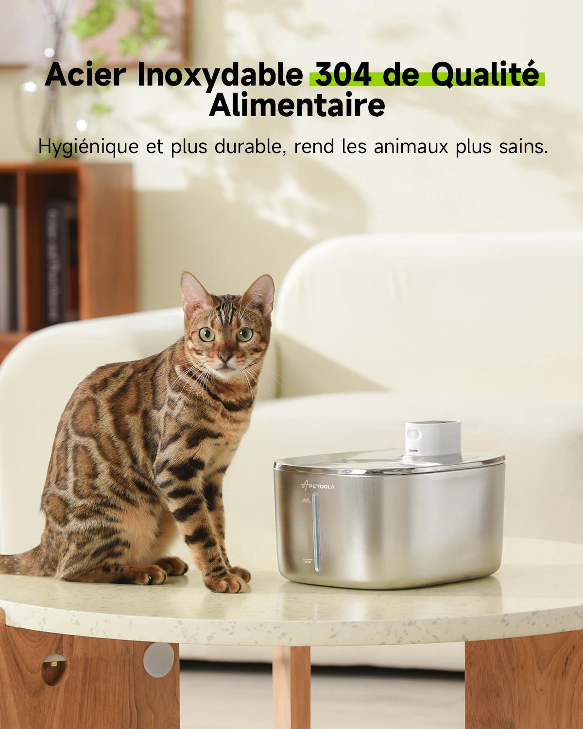 4L Fontaine a Eau Chat sans Fil en Acier Inoxydable