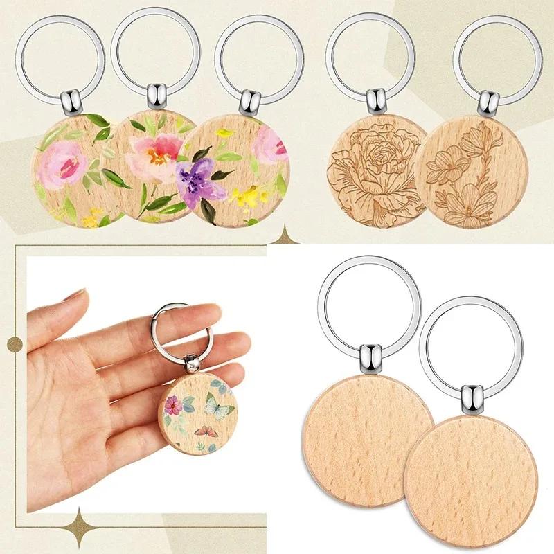Porte-clés rond en bois, 100 pièces, porte-clés Portable en hêtre