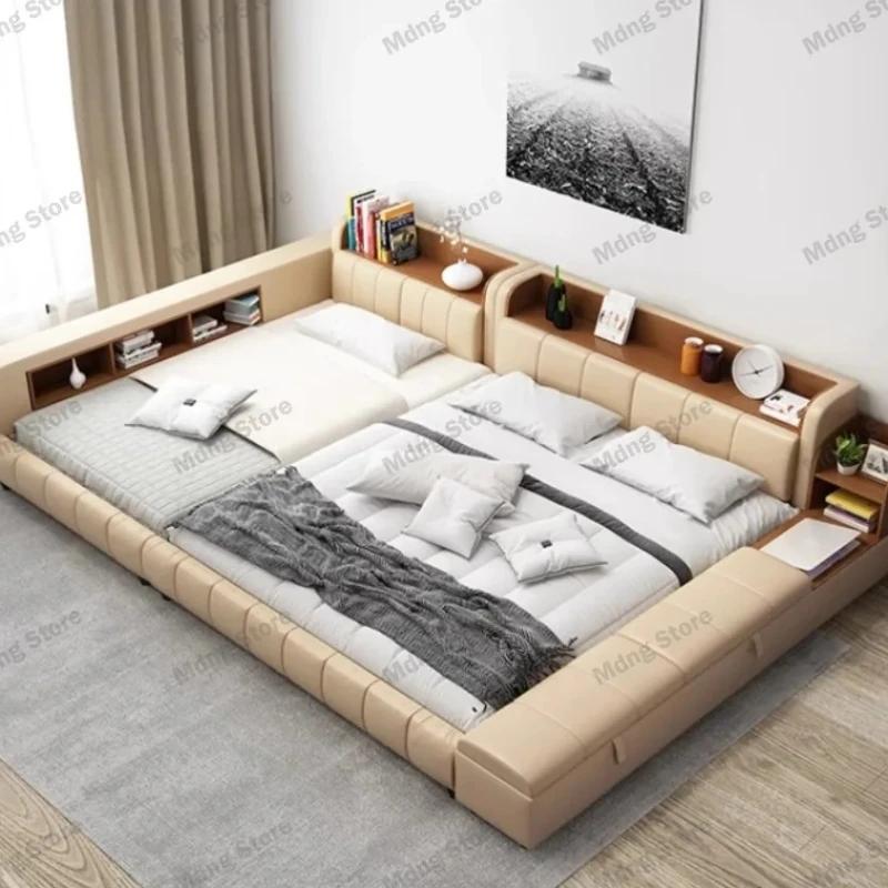 Tête de lit double imperméable minimaliste multifonctionnelle lit de luxe avec tables de chevet japonaises pour meubles de chambre élégants et pratiques