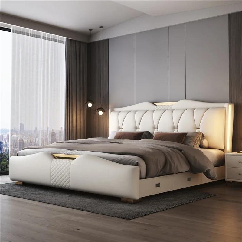 Lit double de luxe 200x220cm avec tête de lit, cadre Queen Size, 3 tiroirs de rangement, pour chambre principale, mobilier de maison