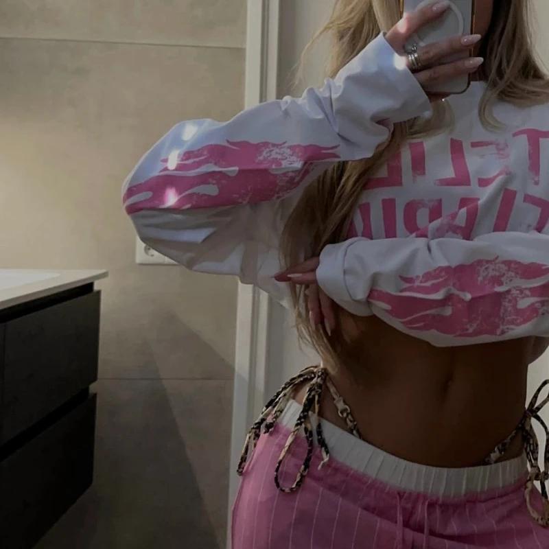 Y2K Harajuku rétro Niche à manches longues imprimé lettre flamme hauts nouvelle mode décontracté confortable Streetwear 