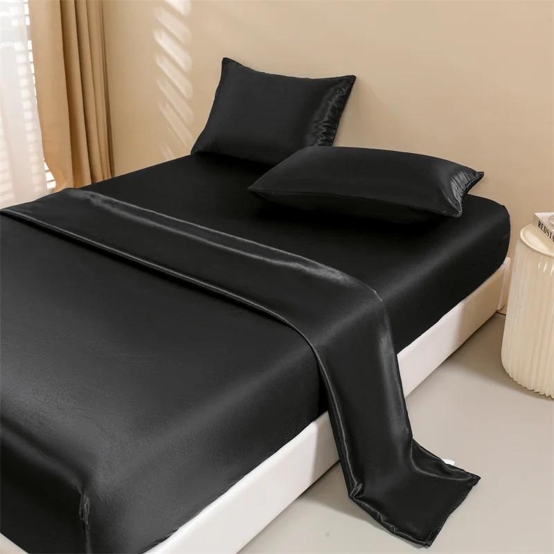 Draps de lit en satin, ensemble de draps queen size, ensemble de literie soyeux 4 pièces, 1 drap-housse à poche profonde + 1 drap plat + 2 taies d'oreiller