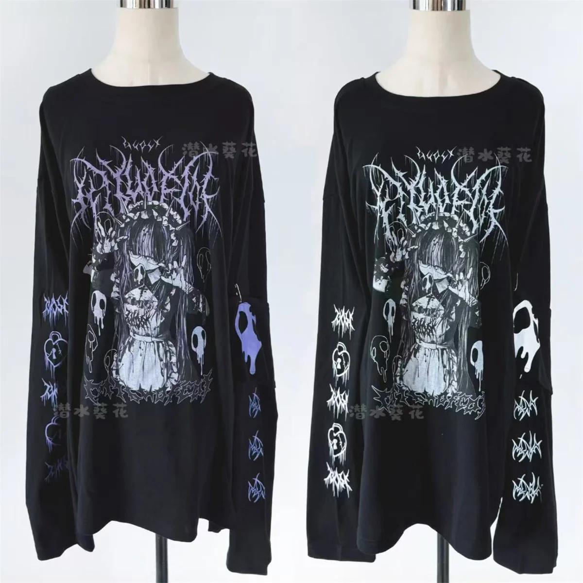 T-shirt à manches longues noir col rond Y2K, imprimé anime subculture japonaise, nouvelle collection