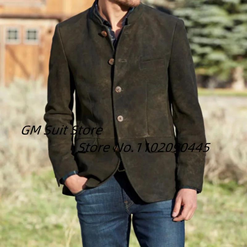 Veste élégante pour homme, style britannique, en daim, col montant, couleur unie, simple rangée de c