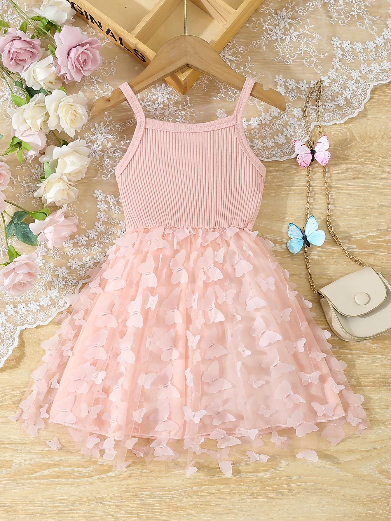 Vêtements d'été pour petites filles, robe camisole en maille avec décor papillon, robe de princesse